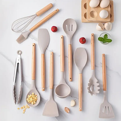 12pcs Silicone Cooking Utensils Set With Wooden Handle - Colorful Non-stick Pot Cooking Tools, Heat Resistant