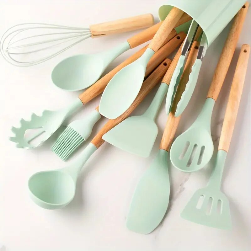 12pcs Silicone Cooking Utensils Set With Wooden Handle - Colorful Non-stick Pot Cooking Tools, Heat Resistant