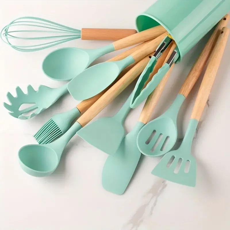 12pcs Silicone Cooking Utensils Set With Wooden Handle - Colorful Non-stick Pot Cooking Tools, Heat Resistant