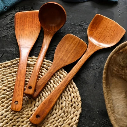 KEMORELA 4PCS Kitchen Utensil Set: Wood Shovel, Scoop, Spatula, Spoon - Nonstick Cooking Tools