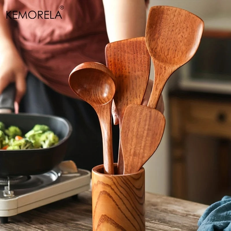 KEMORELA 4PCS Kitchen Utensil Set: Wood Shovel, Scoop, Spatula, Spoon - Nonstick Cooking Tools