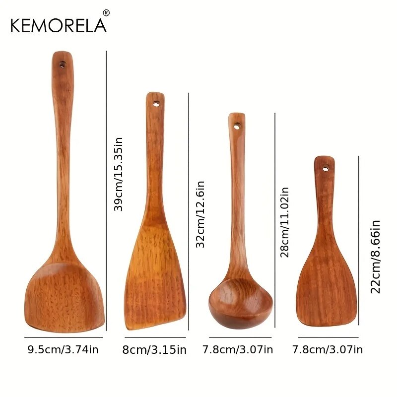 KEMORELA 4PCS Kitchen Utensil Set: Wood Shovel, Scoop, Spatula, Spoon - Nonstick Cooking Tools