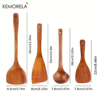 KEMORELA 4PCS Kitchen Utensil Set: Wood Shovel, Scoop, Spatula, Spoon - Nonstick Cooking Tools