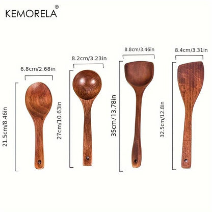 KEMORELA 4PCS Kitchen Utensil Set: Wood Shovel, Scoop, Spatula, Spoon - Nonstick Cooking Tools