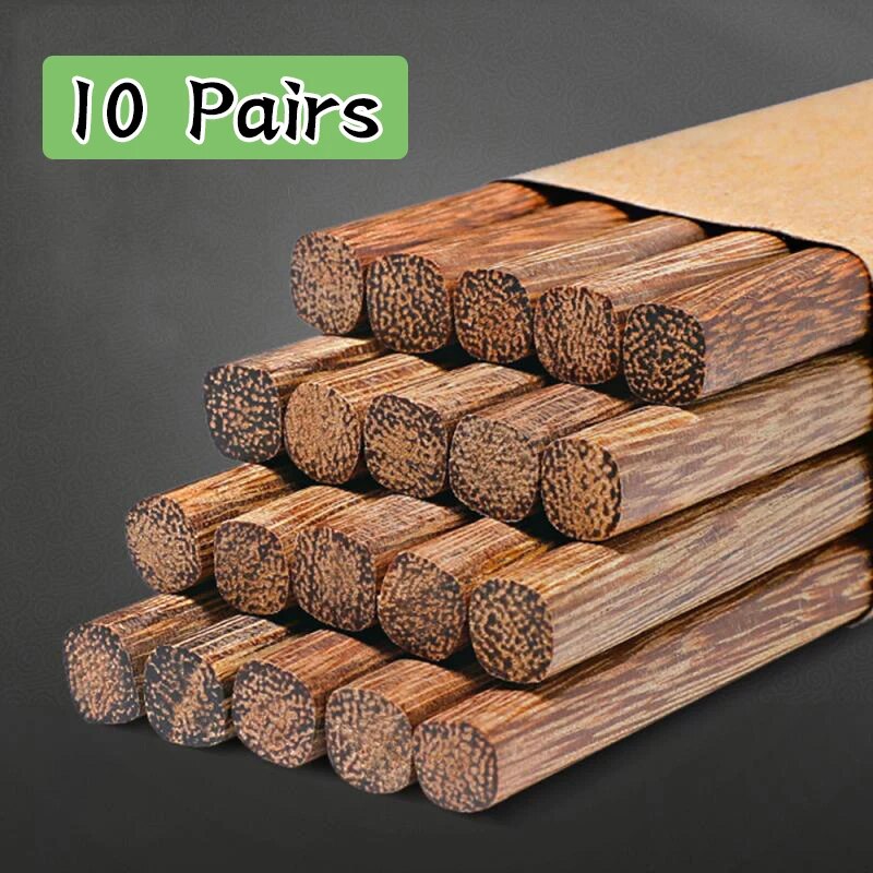 10 Pairs Natural Rosewood Chopsticks - Reusable Chinese Wooden Sushi Food Stick Tableware Kitchen Utensils