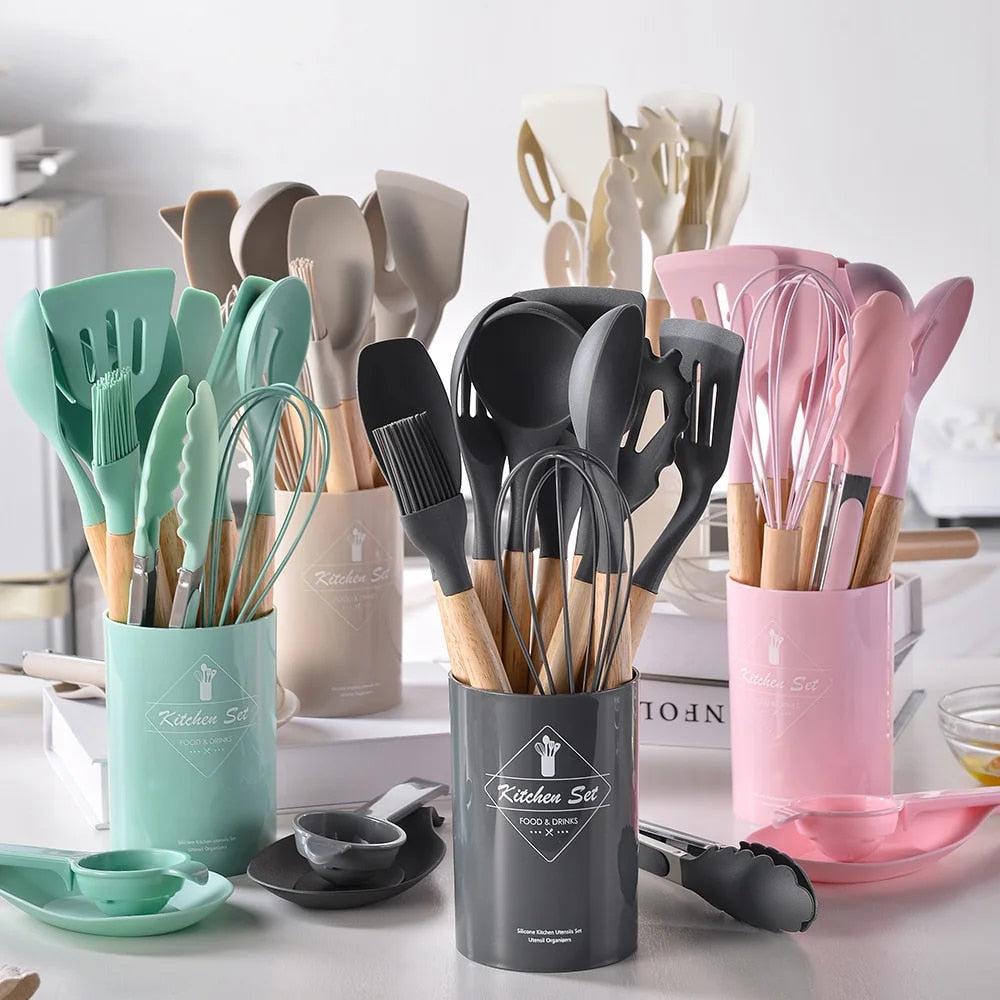 12PCS Silicone Kitchenware Set: Non-Stick Cookware Utensils with Wooden Handles