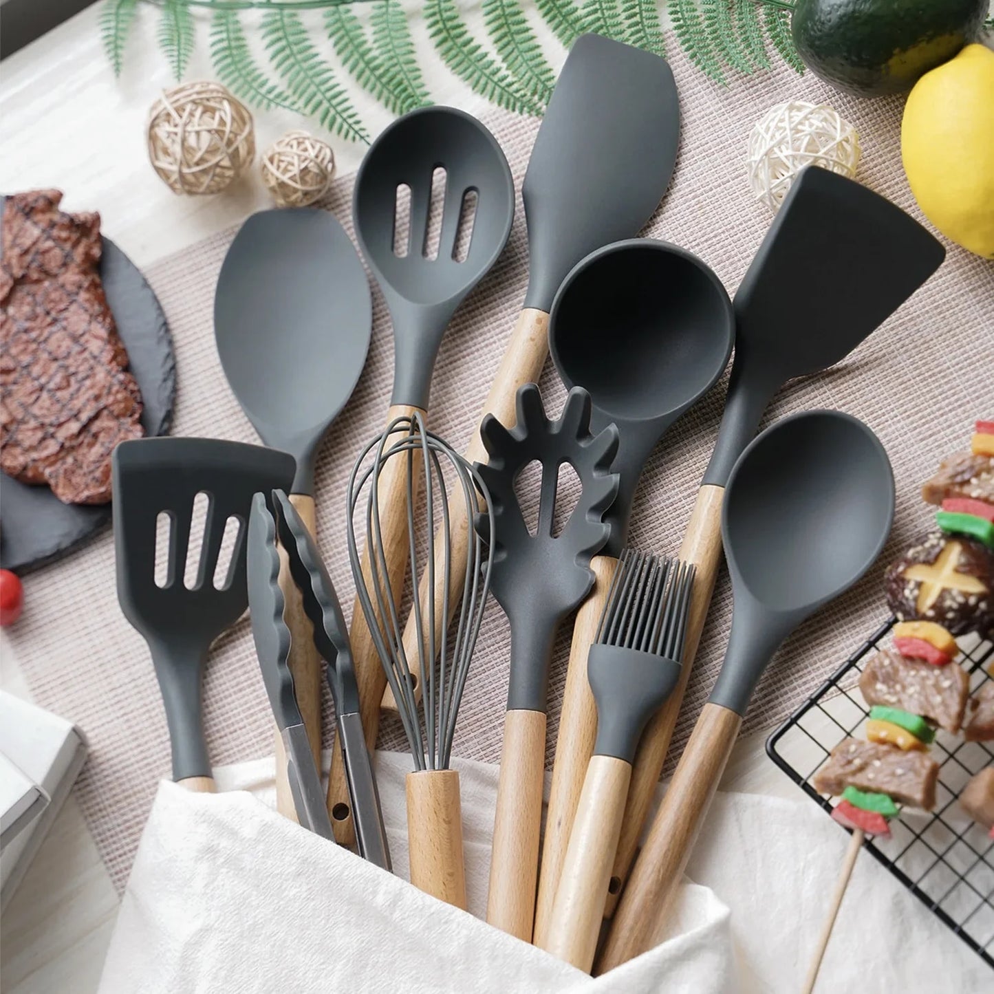 12PCS Silicone Kitchenware Set: Non-Stick Cookware Utensils with Wooden Handles