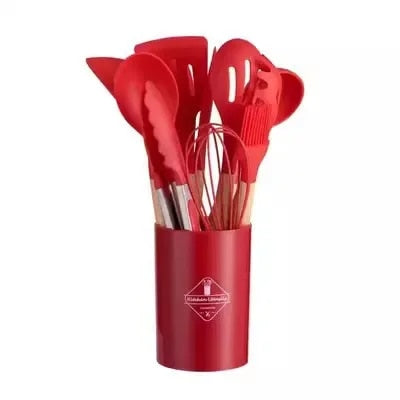 12PCS Silicone Kitchenware Set: Non-Stick Cookware Utensils with Wooden Handles