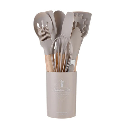 12PCS Silicone Kitchenware Set: Non-Stick Cookware Utensils with Wooden Handles