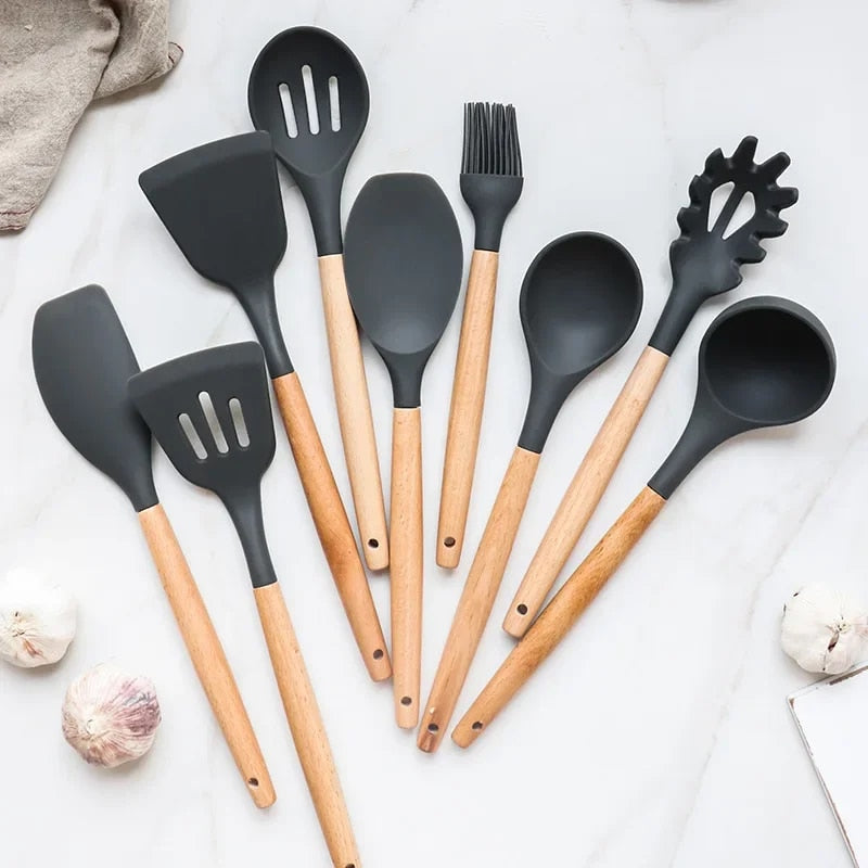 12PCS Silicone Kitchenware Set: Non-Stick Cookware Utensils with Wooden Handles