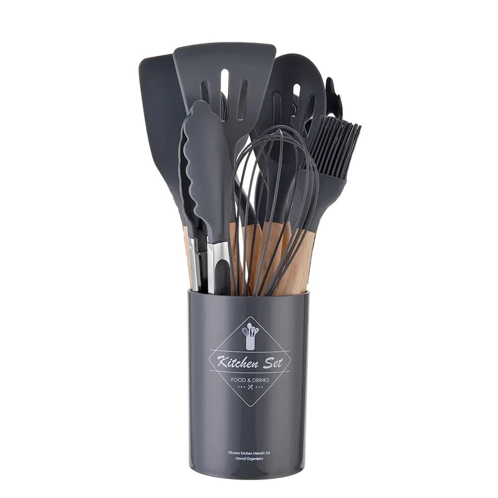 12PCS Silicone Kitchenware Set: Non-Stick Cookware Utensils with Wooden Handles