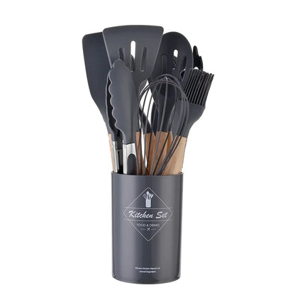 12PCS Silicone Kitchenware Set: Non-Stick Cookware Utensils with Wooden Handles