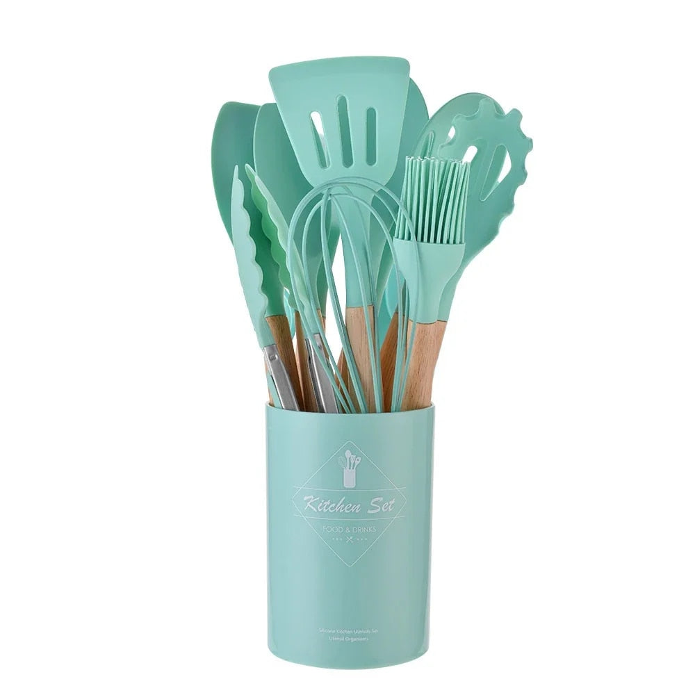 12PCS Silicone Kitchenware Set: Non-Stick Cookware Utensils with Wooden Handles