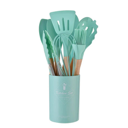 12PCS Silicone Kitchenware Set: Non-Stick Cookware Utensils with Wooden Handles