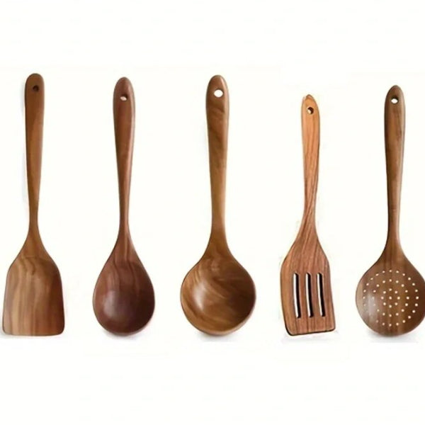 5PCS Thailand Teak Cooking Spoon Set - Natural Wooden Kitchen Utensils for Ladles, Turners, Colanders, Skimmers, and Sco