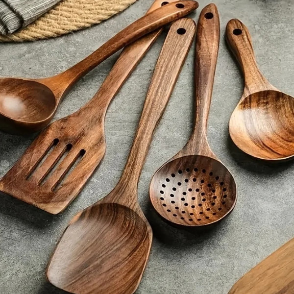 5PCS Thailand Teak Cooking Spoon Set - Natural Wooden Kitchen Utensils for Ladles, Turners, Colanders, Skimmers, and Sco