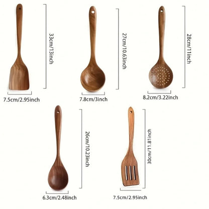 5PCS Thailand Teak Cooking Spoon Set - Natural Wooden Kitchen Utensils for Ladles, Turners, Colanders, Skimmers, and Sco