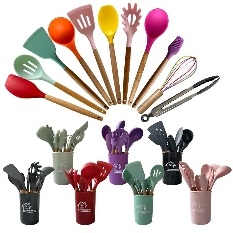 12PCS Silicone Non-Stick Cookware Utensils Set with Wooden Handles - Kitchenware Accessories
