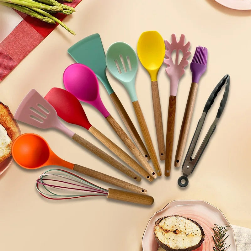 12PCS Silicone Non-Stick Cookware Utensils Set with Wooden Handles - Kitchenware Accessories