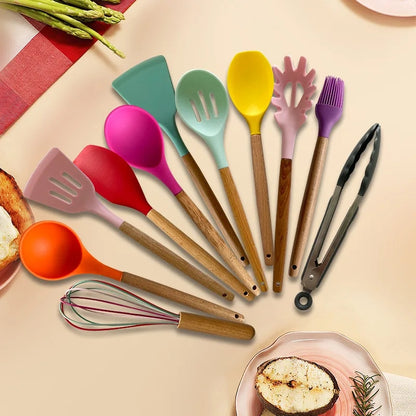 12PCS Silicone Non-Stick Cookware Utensils Set with Wooden Handles - Kitchenware Accessories