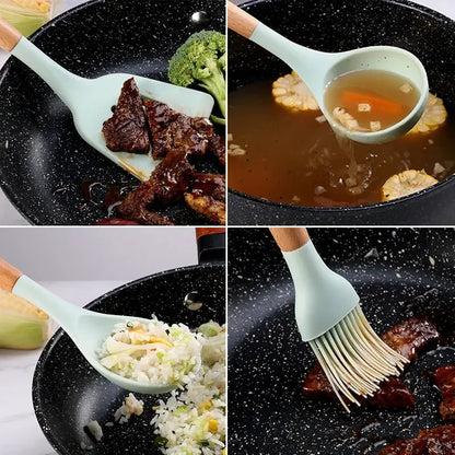 12PCS Silicone Non-Stick Cookware Utensils Set with Wooden Handles - Kitchenware Accessories