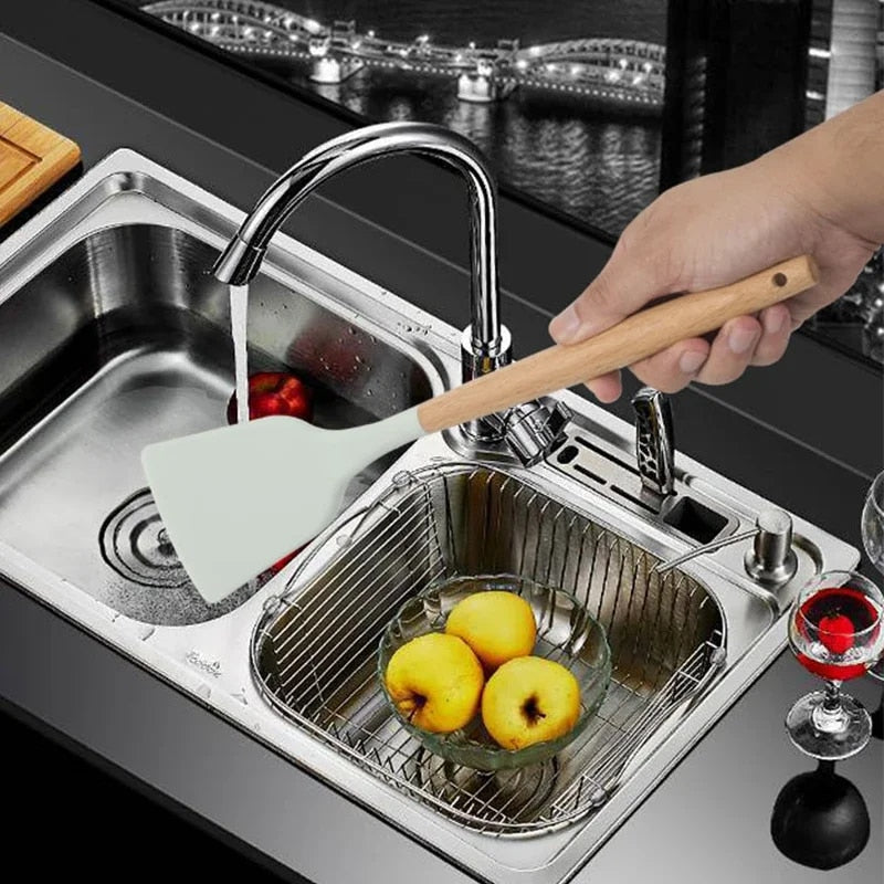 12PCS Silicone Non-Stick Cookware Utensils Set with Wooden Handles - Kitchenware Accessories