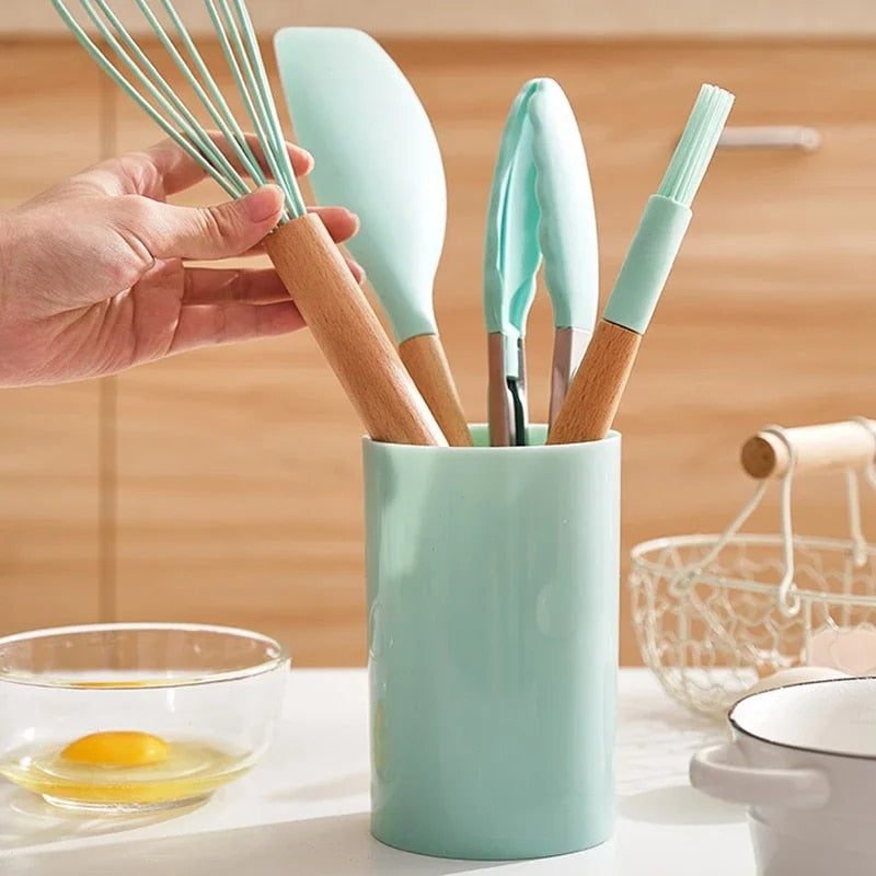 12PCS Silicone Non-Stick Cookware Utensils Set with Wooden Handles - Kitchenware Accessories