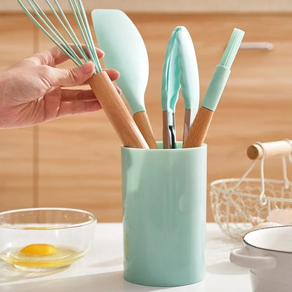 12PCS Silicone Non-Stick Cookware Utensils Set with Wooden Handles - Kitchenware Accessories