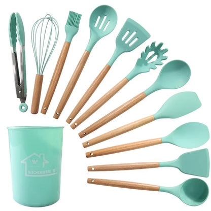 12PCS Silicone Non-Stick Cookware Utensils Set with Wooden Handles - Kitchenware Accessories
