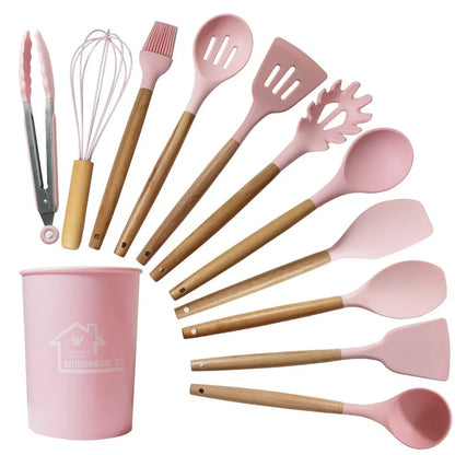 12PCS Silicone Non-Stick Cookware Utensils Set with Wooden Handles - Kitchenware Accessories
