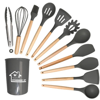 12PCS Silicone Non-Stick Cookware Utensils Set with Wooden Handles - Kitchenware Accessories