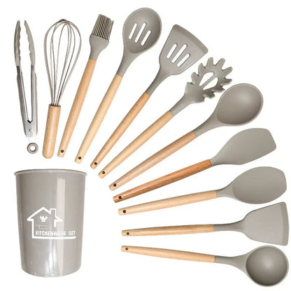 12PCS Silicone Non-Stick Cookware Utensils Set with Wooden Handles - Kitchenware Accessories