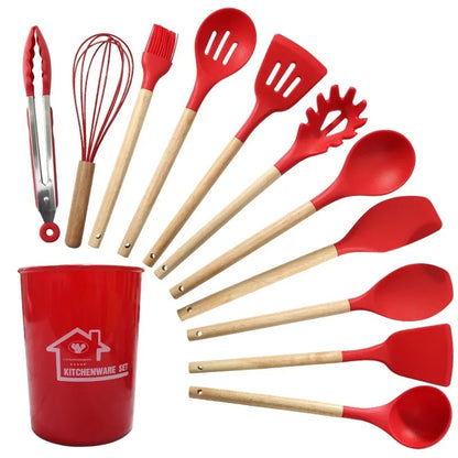 12PCS Silicone Non-Stick Cookware Utensils Set with Wooden Handles - Kitchenware Accessories