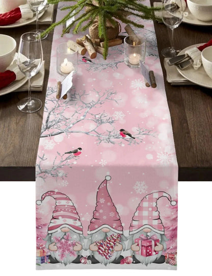 Christmas Gnome Snow Scenery Linen Table Runners - Winter Dining Table Decor & Decorations