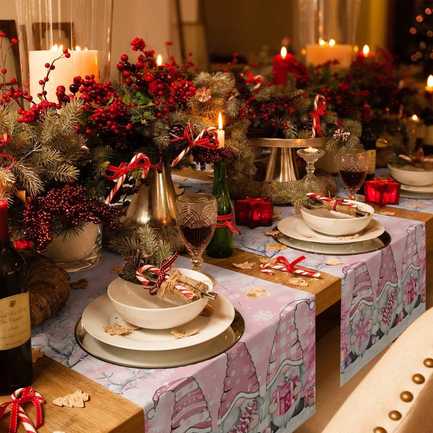 Christmas Gnome Snow Scenery Linen Table Runners - Winter Dining Table Decor & Decorations