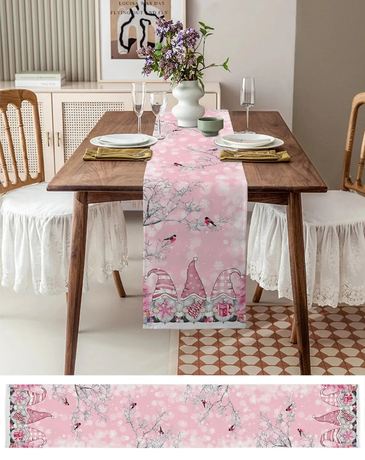 Christmas Gnome Snow Scenery Linen Table Runners - Winter Dining Table Decor & Decorations