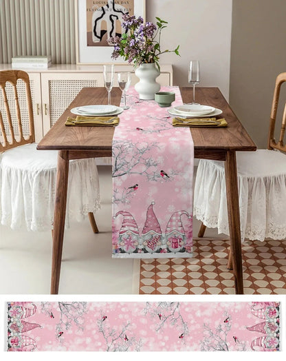 Christmas Gnome Snow Scenery Linen Table Runners - Winter Dining Table Decor & Decorations