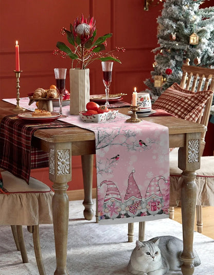 Christmas Gnome Snow Scenery Linen Table Runners - Winter Dining Table Decor & Decorations