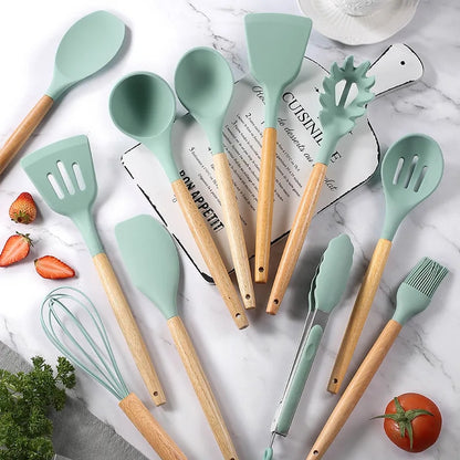 12PCS Silicone Kitchen Utensils Set: Non-Stick Cookware with Wooden Handle Spatula, Egg Beaters - Kitchenware Accessorie