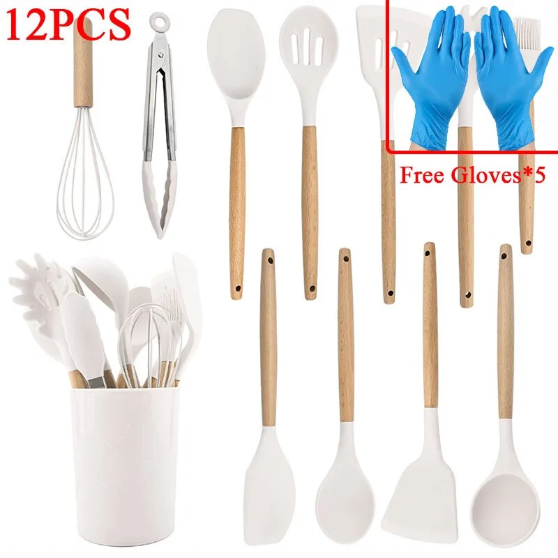 12PCS Silicone Kitchen Utensils Set: Non-Stick Cookware with Wooden Handle Spatula, Egg Beaters - Kitchenware Accessorie