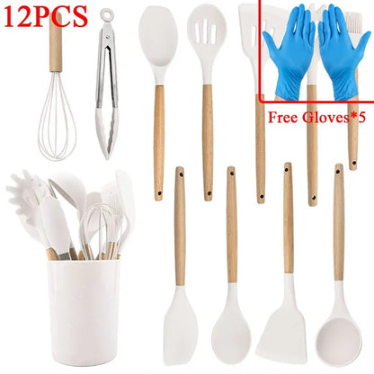 12PCS Silicone Kitchen Utensils Set: Non-Stick Cookware with Wooden Handle Spatula, Egg Beaters - Kitchenware Accessorie