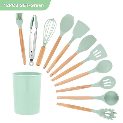 12PCS Silicone Kitchen Utensils Set: Non-Stick Cookware with Wooden Handle Spatula, Egg Beaters - Kitchenware Accessorie