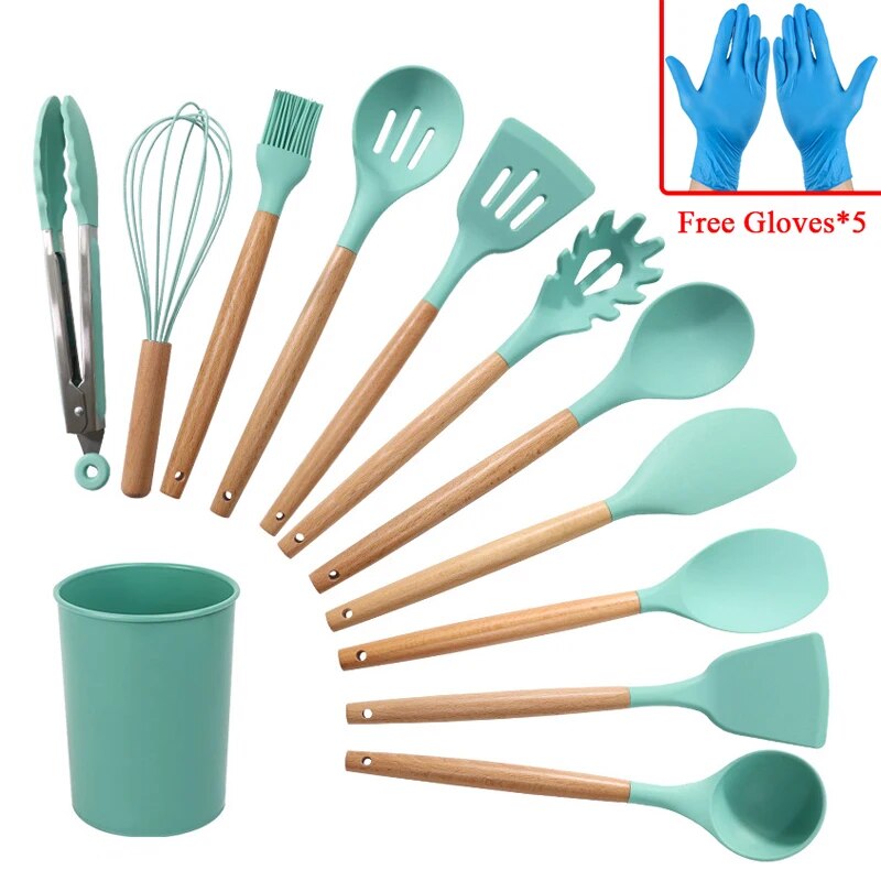 12PCS Silicone Kitchen Utensils Set: Non-Stick Cookware with Wooden Handle Spatula, Egg Beaters - Kitchenware Accessorie