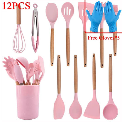 12PCS Silicone Kitchen Utensils Set: Non-Stick Cookware with Wooden Handle Spatula, Egg Beaters - Kitchenware Accessorie