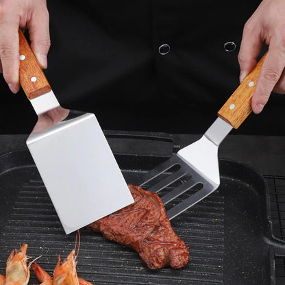 Stainless Steel Wooden Handle Cooking Spatula - Kitchen Barbecue Tool for Steake, Pancak, Frying, Teppanyaki