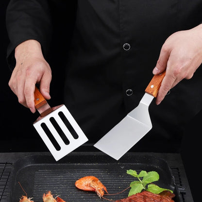 Stainless Steel Wooden Handle Cooking Spatula - Kitchen Barbecue Tool for Steake, Pancak, Frying, Teppanyaki