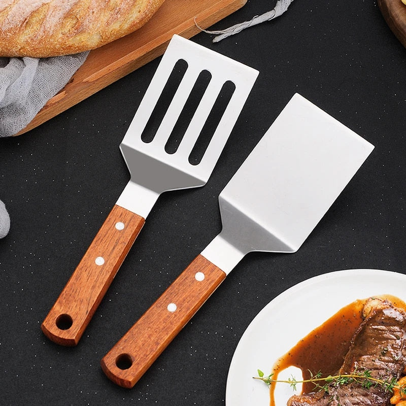Stainless Steel Wooden Handle Cooking Spatula - Kitchen Barbecue Tool for Steake, Pancak, Frying, Teppanyaki