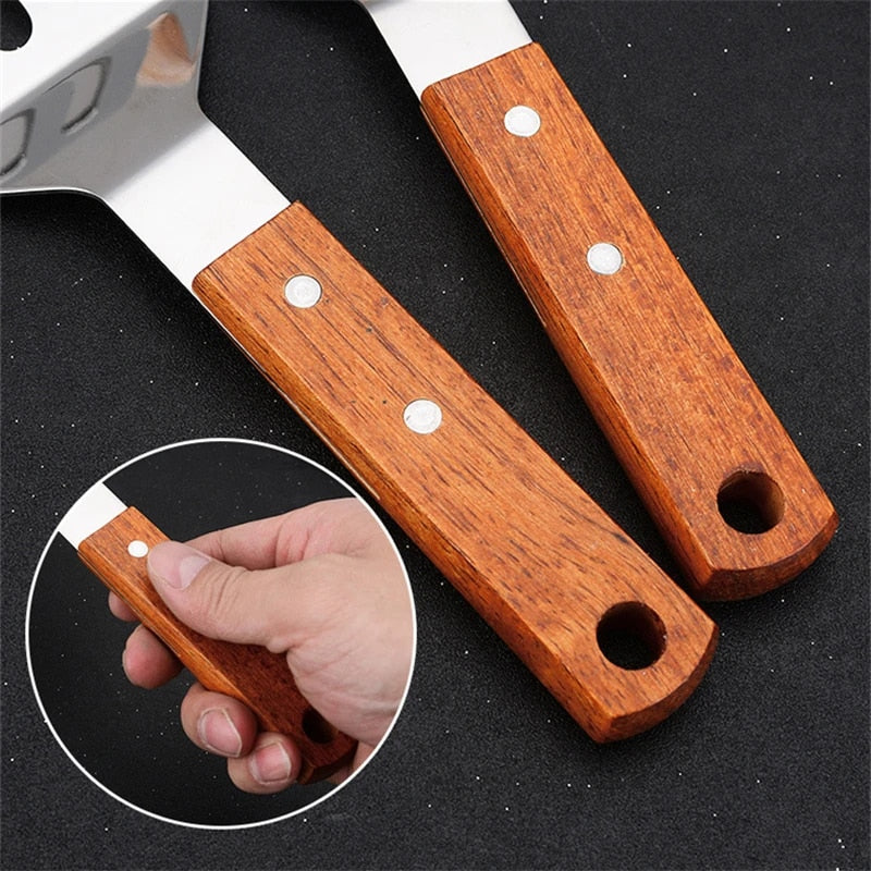 Stainless Steel Wooden Handle Cooking Spatula - Kitchen Barbecue Tool for Steake, Pancak, Frying, Teppanyaki