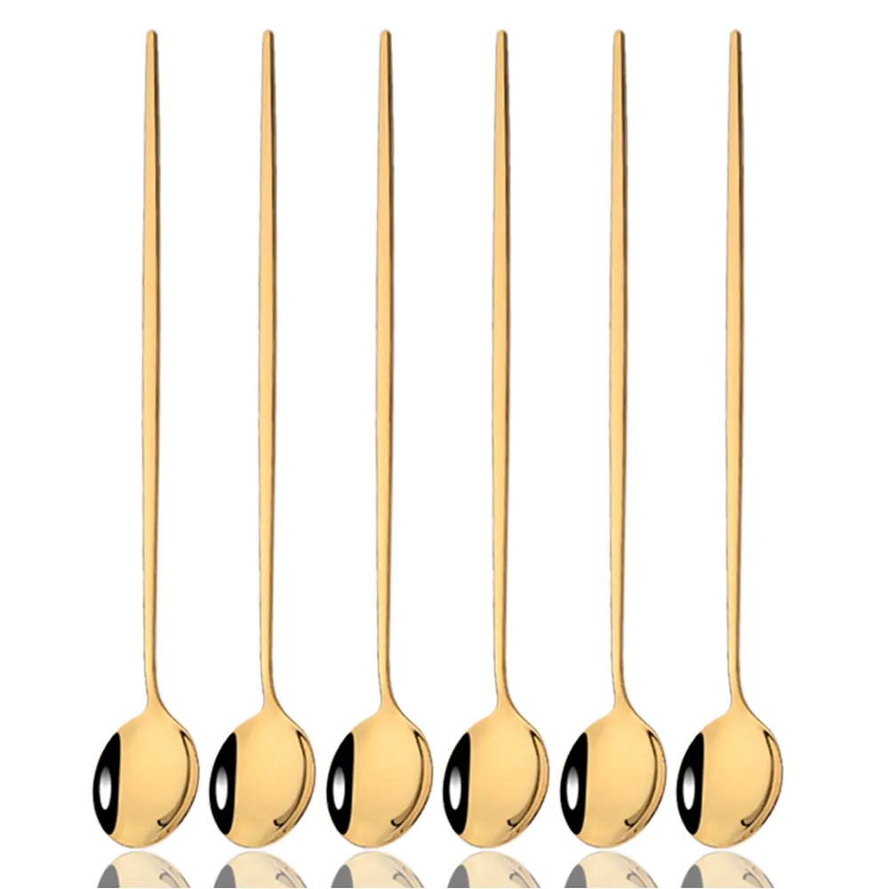 6Pcs Gold Cutlery Set: Coffee, Tea, Juice Spoons - Long Handle Scoops for Ice Cream - Kitchen Tableware Tools