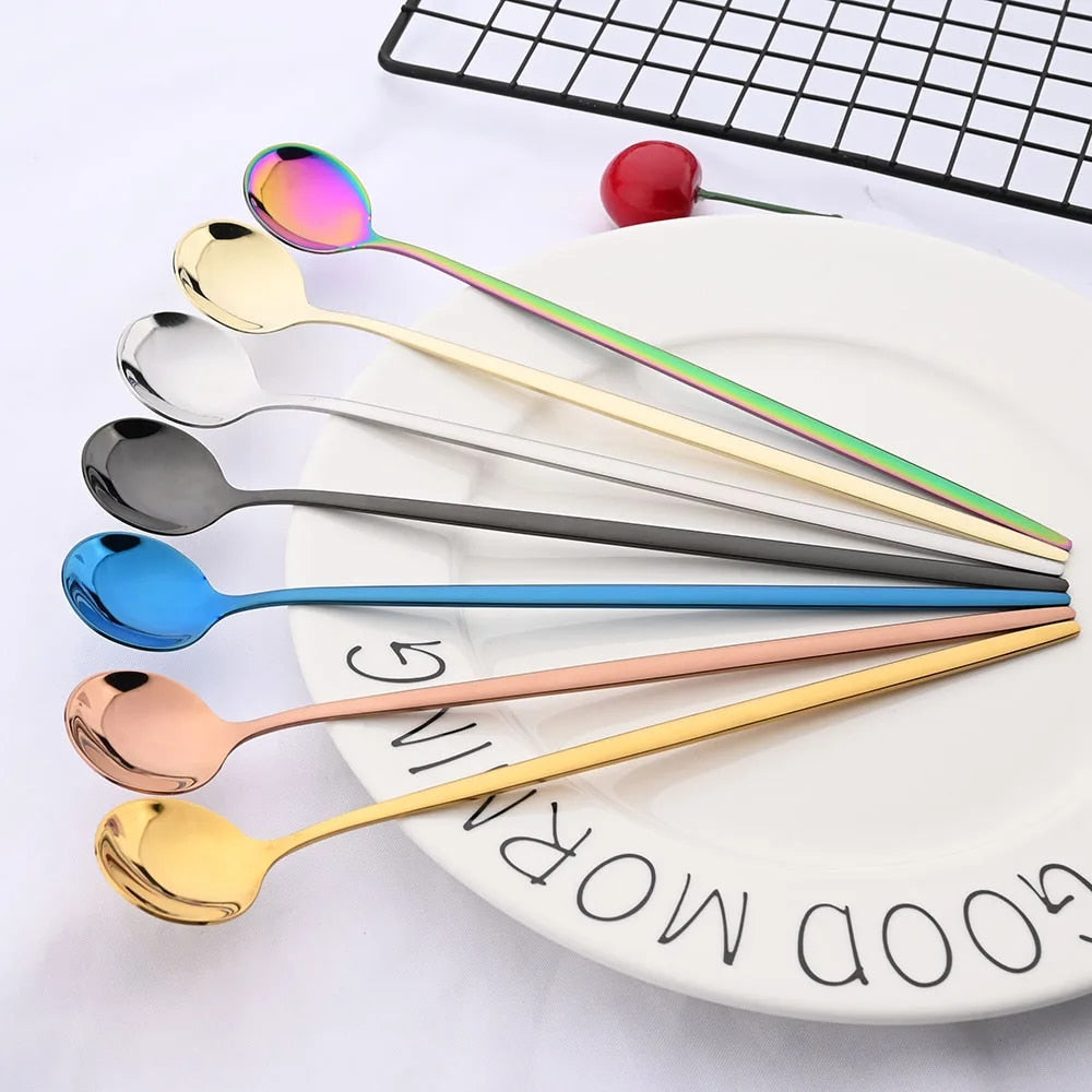 6Pcs Gold Cutlery Set: Coffee, Tea, Juice Spoons - Long Handle Scoops for Ice Cream - Kitchen Tableware Tools